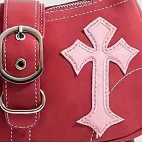 🆕 Y2K Style Satchel Handbag, Vegan Leather Bag -  Chain & Gothic Cross Accents - Picture 4 of 10